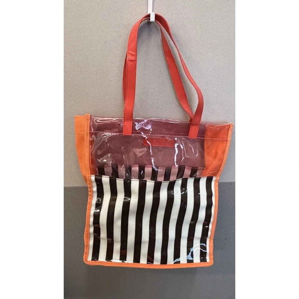 Henri Bendel New York Women's Handbag Black White Striped Double Handle Tote Bag